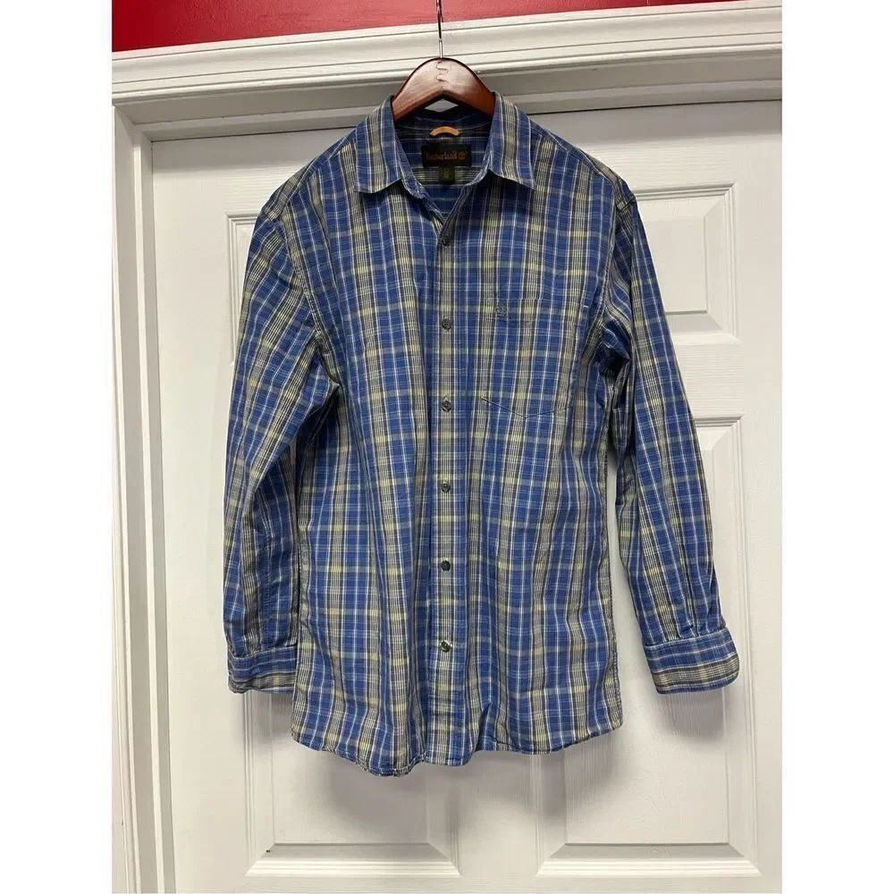Timberland Blue & Yellow Plaid Button Up Shirt sz M EUC